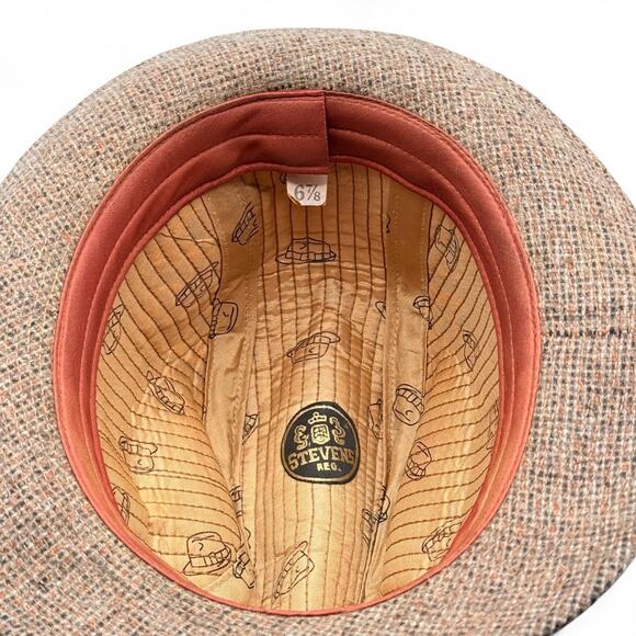 Vintage Tweed Fedora Hat Stevens Mens Brown Wool 6 7/8 S/M 50s 60s MadMen MCM - Picture 7 of 8